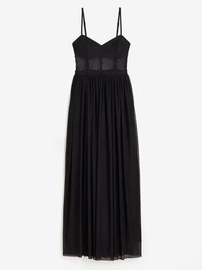 H&M Evening Black Strappy Maxi Dress with Mesh Bodice and Chiffon Skirt